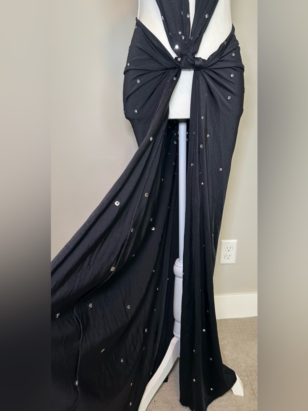 Black Rhinestone Cutout Halter Maxi Dress Backless Glam Sexy Evening Gown‎ S/M - Picture 10 of 11